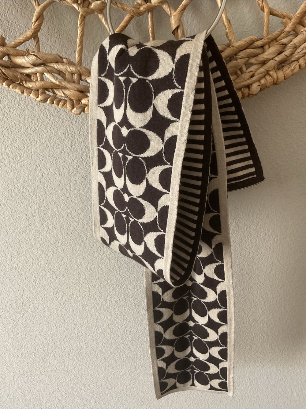 Coach Factory Striped Reversible Black and Cream Scarf. 100% Merino Wool. OS.